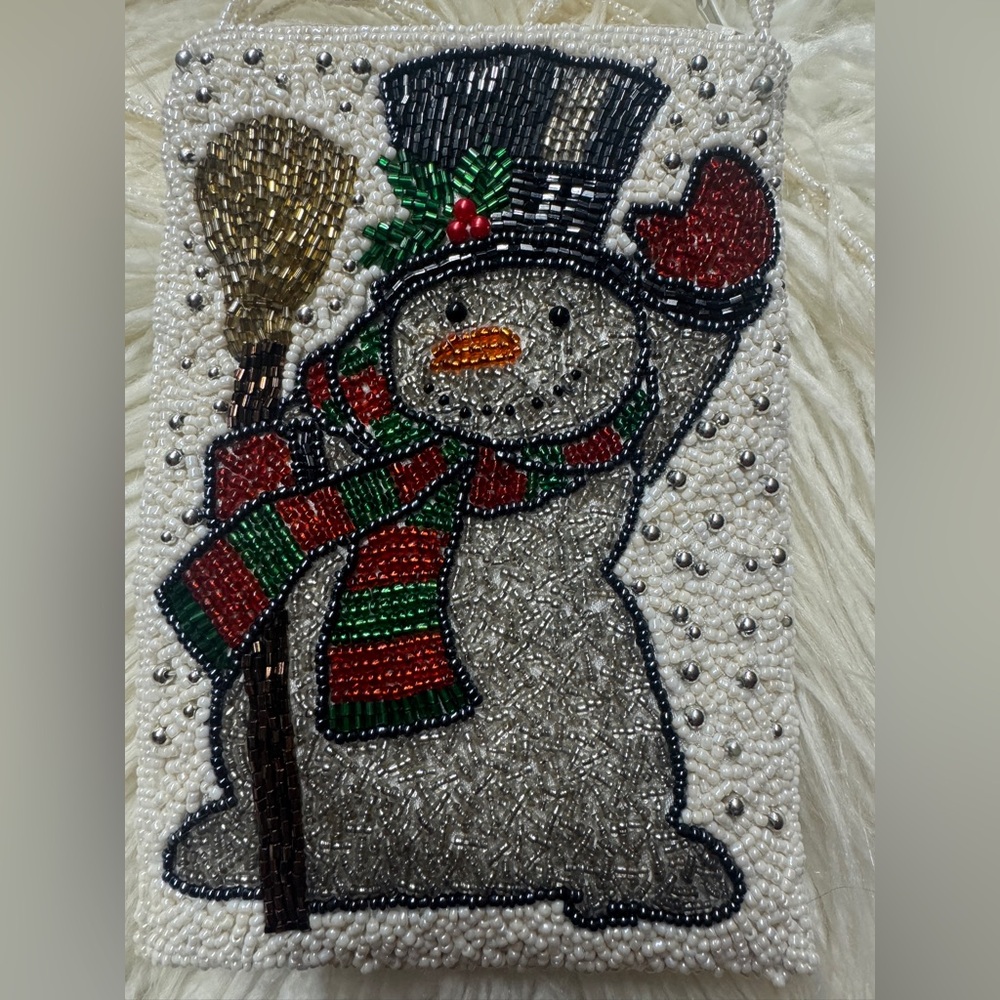 Inge Christopher Snowman Small Colorful Beaded Crossbody Bag zip closure.